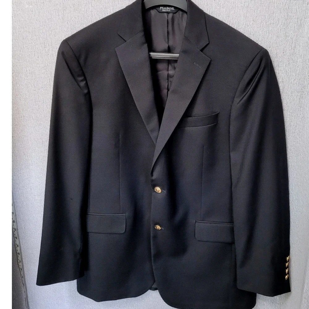 Jos. A. Bank Blazer Mens 42 Traditional Fit Black Gold Crest Buttons Preppy